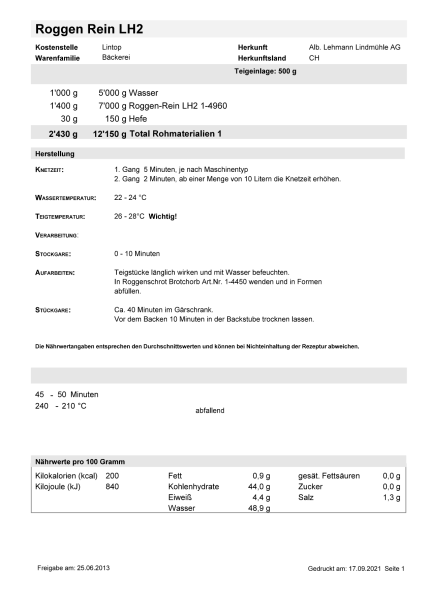 Bäcker-Rezept der Lindmühle AG